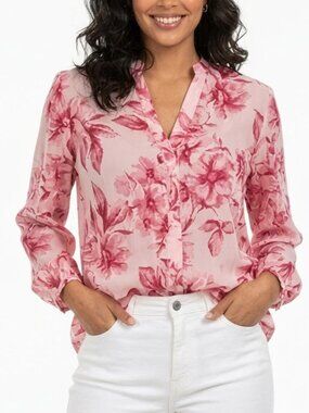 Zara Pink Floral Print Cotton Blouse Long Sleeve V-Neck Top Small Like New